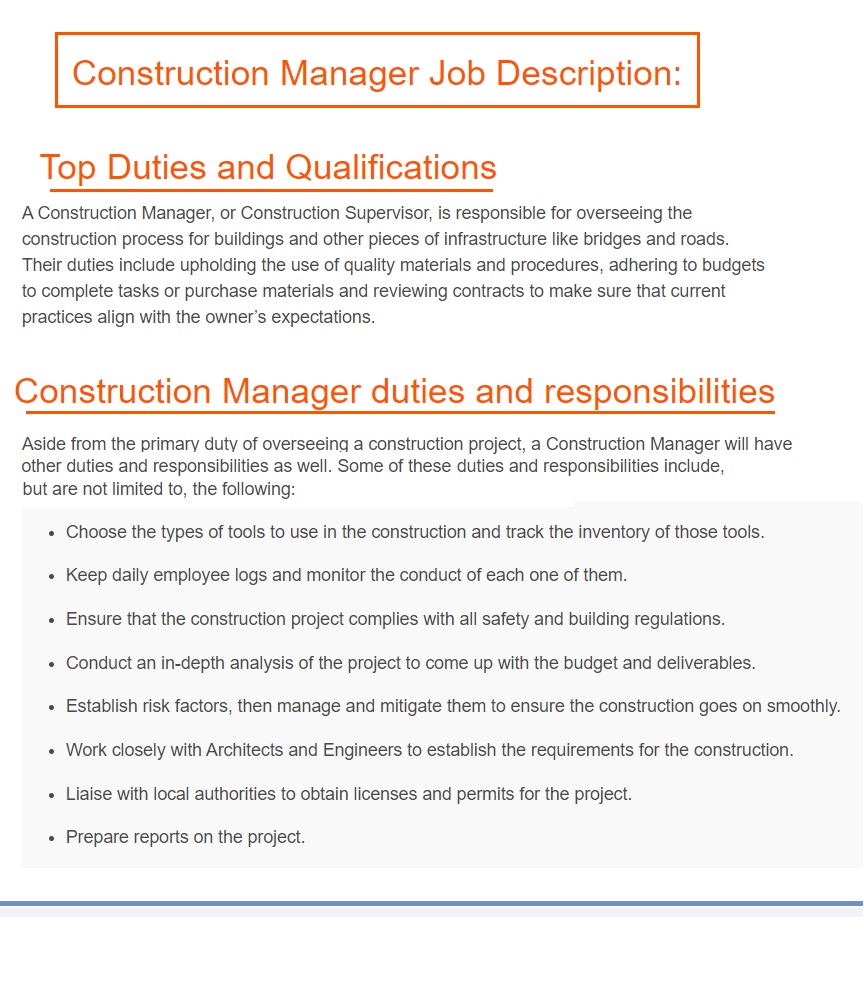 Construction Manager Job Description Template Free Word Templates