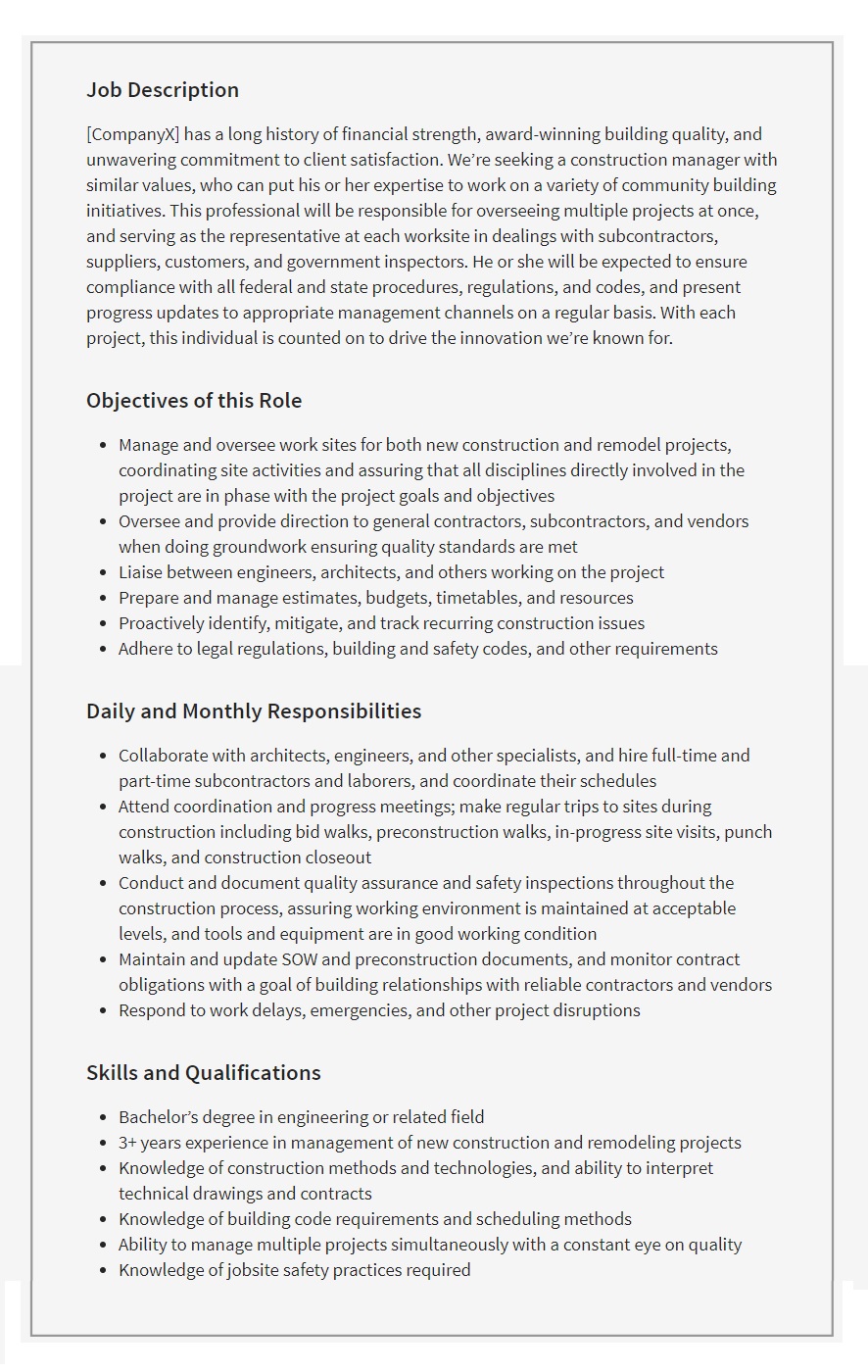 Construction Manager Job Description Template Free Word Templates