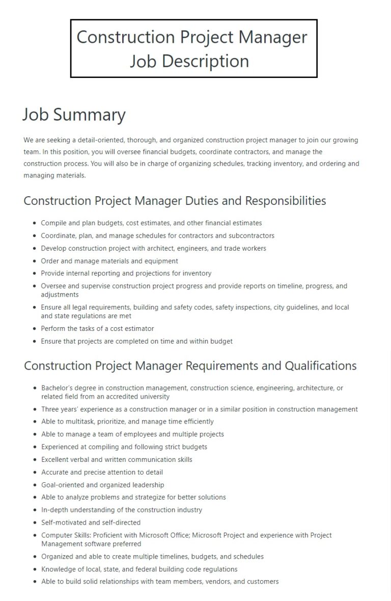 Construction Project Manager Job Description Template Free Word Templates   Construction Project Manager Job Description Template 768x1179 