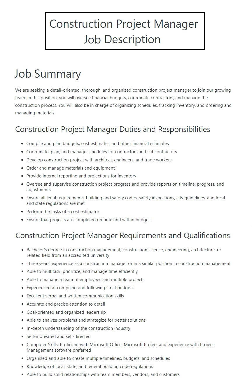 Construction Manager Job Description Template | Free Word Templates