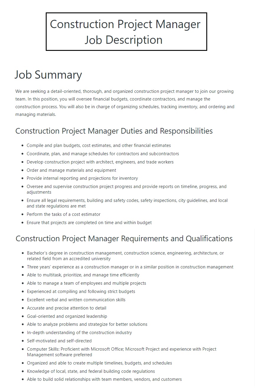 Construction Manager Job Description Template Free Word Templates